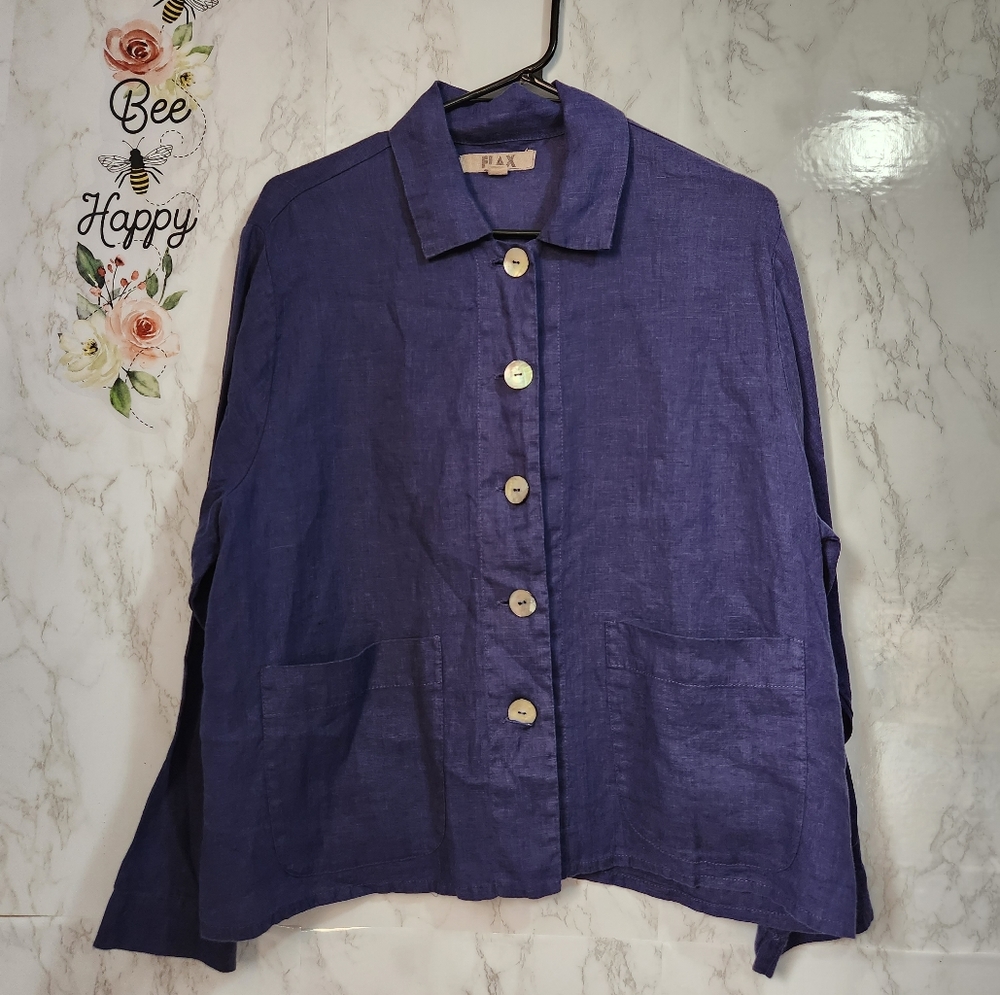 Flax 100% Linen Navy Blue Button Up Size Small